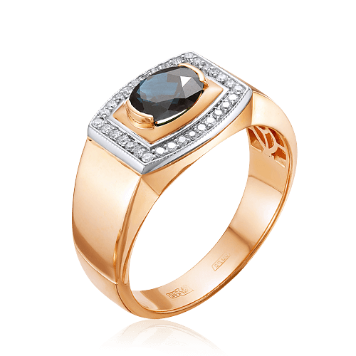 Мужское кольцо с сапфиром, бриллиантами из комбинированного золота 585 пробы, фото № 1