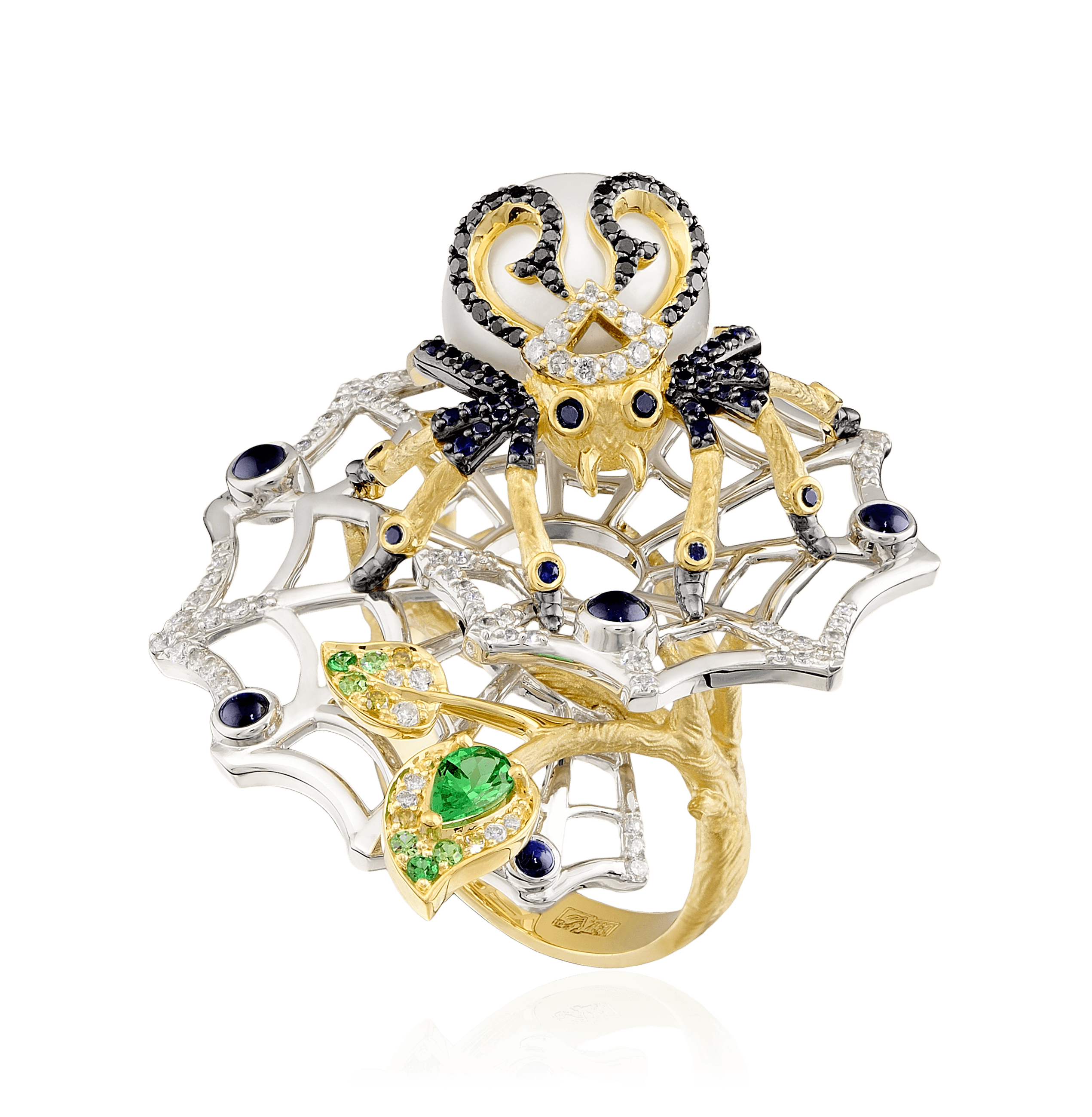 Кольцо Паук на паутине с жемчугом, бриллиантами, сапфиром, демантоидом из комбинированного золота 750 пробы, фото № 1