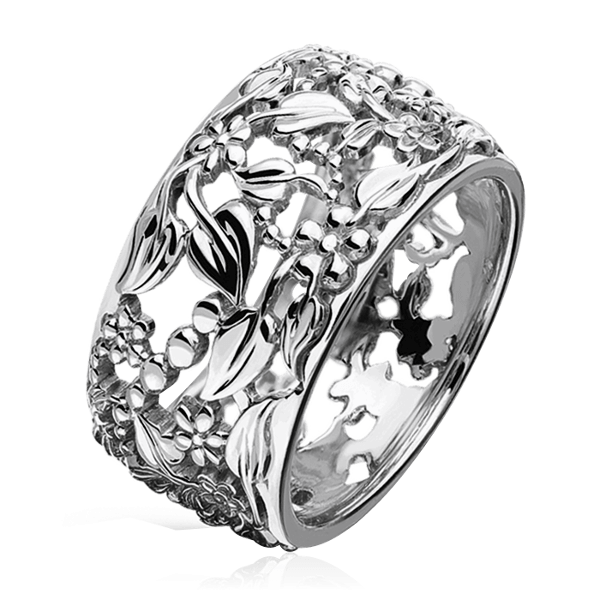 Широкое ажурное кольцо Flora без вставок из белого золота 585 пробы, фото № 1