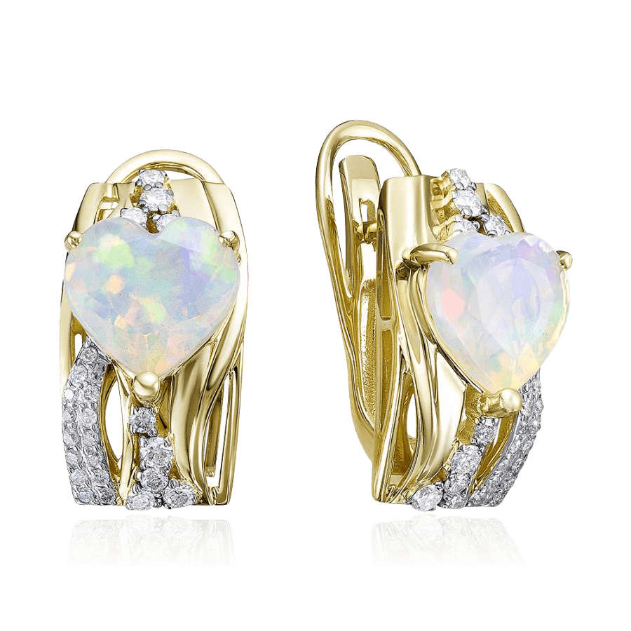 Серьги в форме сердец с опалом, бриллиантами из желтого золота 585 пробы (арт. 91241)