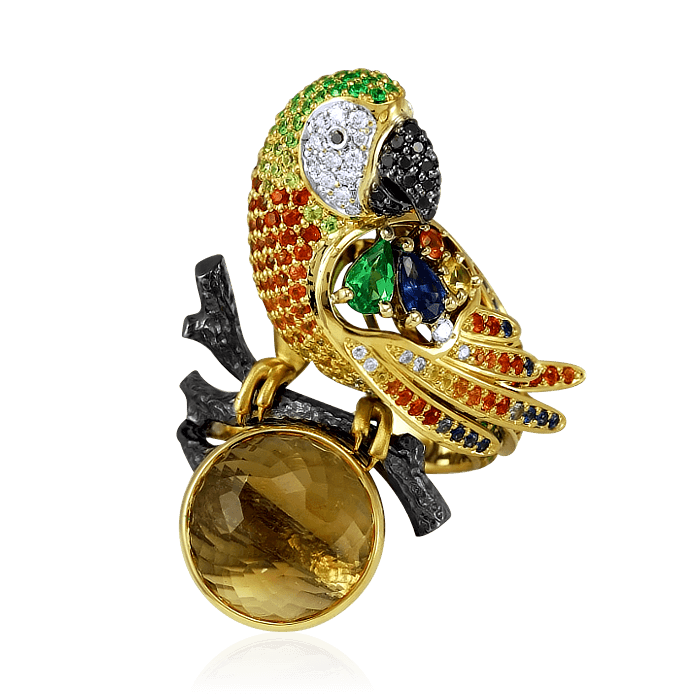 Кольцо Попугай с цветными камнями и бриллиантами, черными бриллиантами в желтом золоте 750 пробы, фото № 1