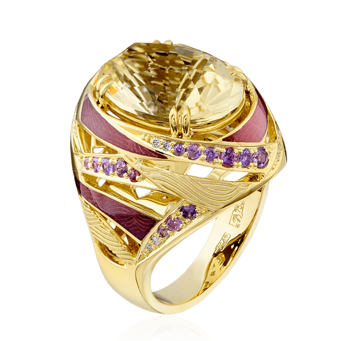 Кольцо с цитрином, бриллиантами, эмалью, цветными сапфирами из желтого золота 750 пробы (арт. 36232)