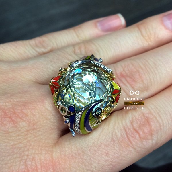Кольцо Морское с цветными камнями, бриллиантами, эмалью в желтом золоте 750 пробы, фото № 2