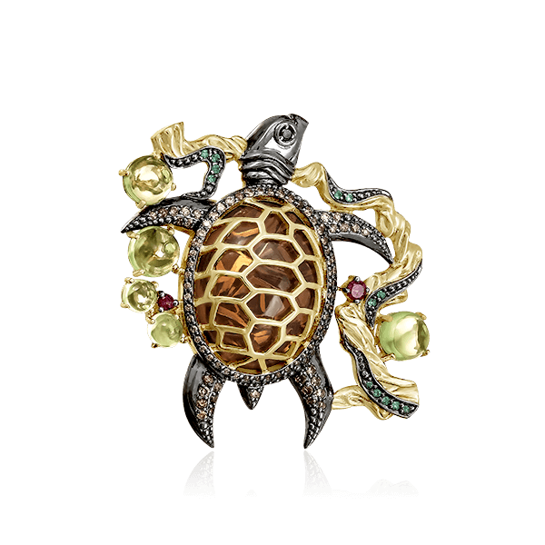 Брошь Черепаха с бриллиантами, изумрудом, хризолитом, турмалином из красного золота 585 пробы, фото № 1
