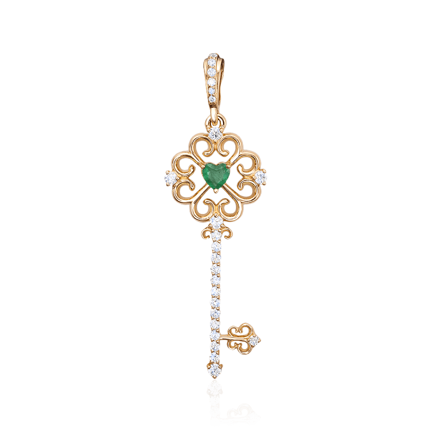 Кулон Ключ с изумрудом, бриллиантами из красного золота 585 пробы, фото № 1