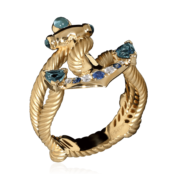 Кольцо Якорь с топазом, сапфирами, бриллиантами в желтом золоте 750 пробы (арт. 39843)