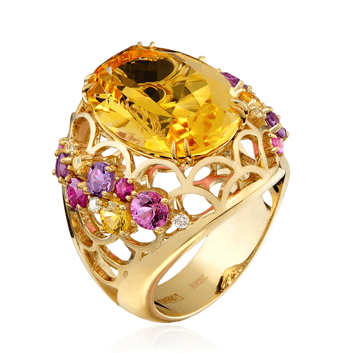 Кольцо с цитрином, бриллиантами, аметистом, рубином, сапфиром фантазийным из желтого золота 585 пробы, фото № 1