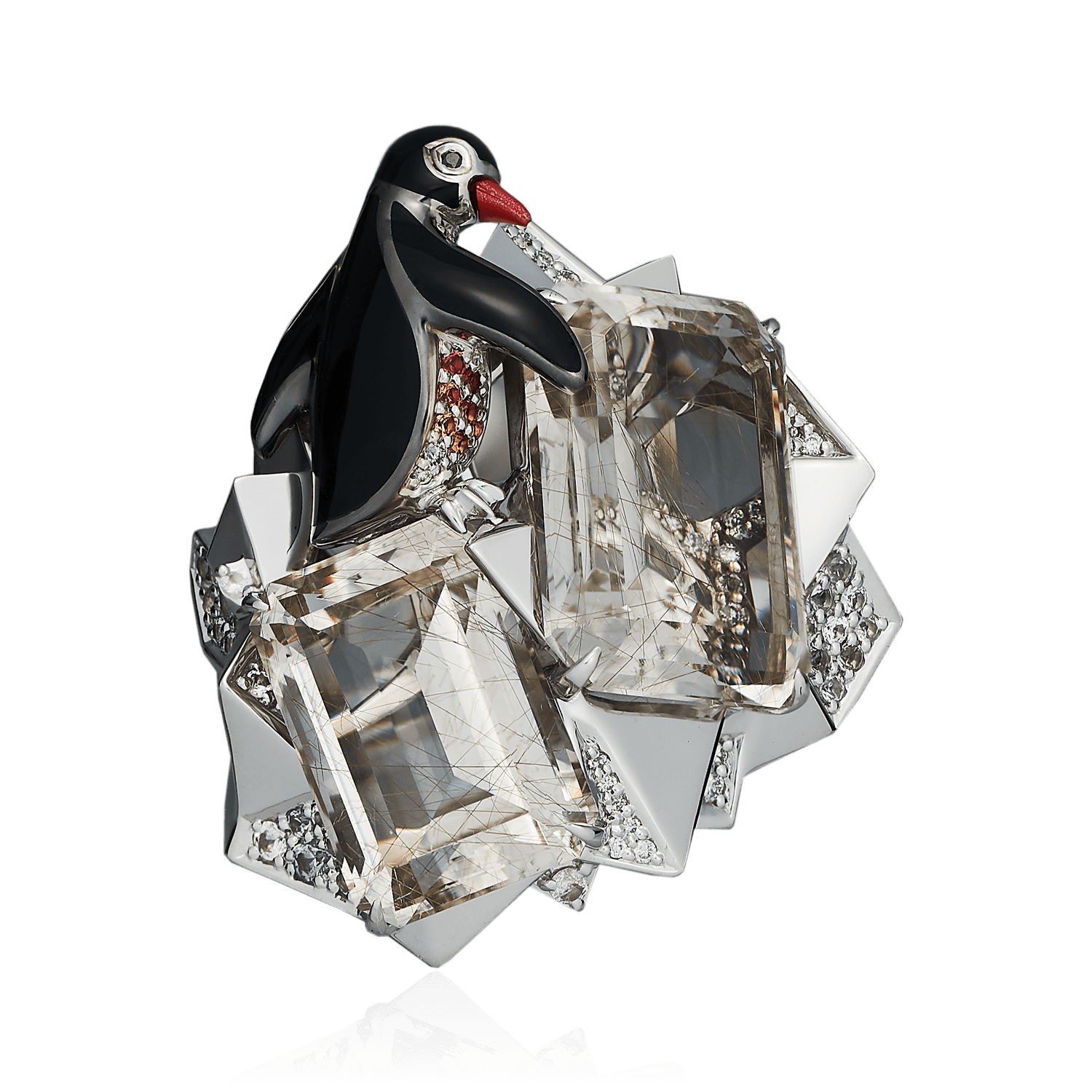 Кольцо Пингвин с кварцем, цветными сапфирами, бриллиантами, эмалью из белого золота 750 пробы, фото № 1