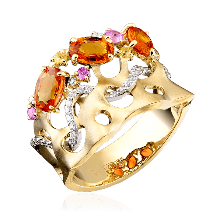 Кольцо с цветными сапфирами, бриллиантами из желтого золота 585 пробы, фото № 1