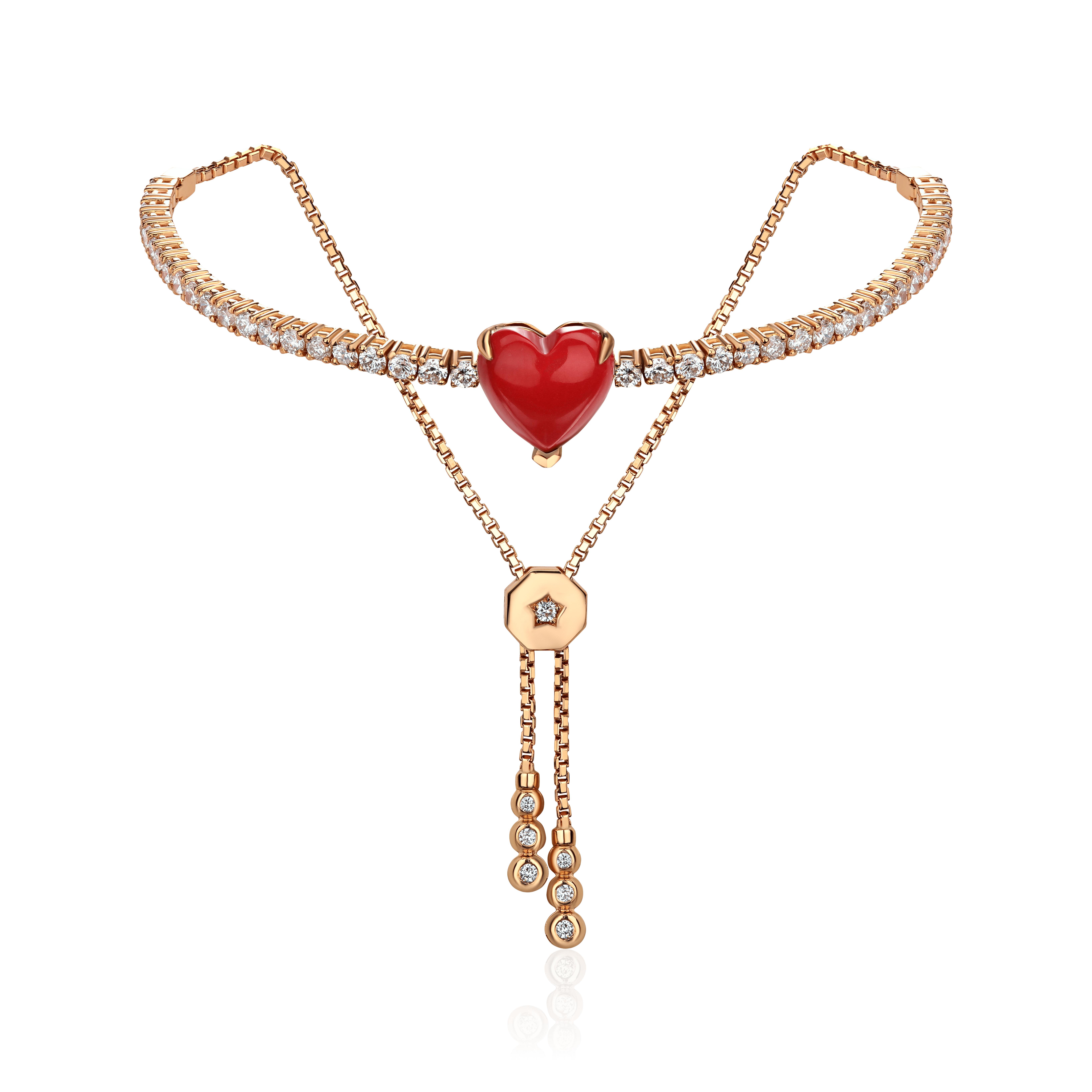 Браслет с бриллиантами, кораллом огранки сердце из красного золота 750 пробы (арт. 104940)