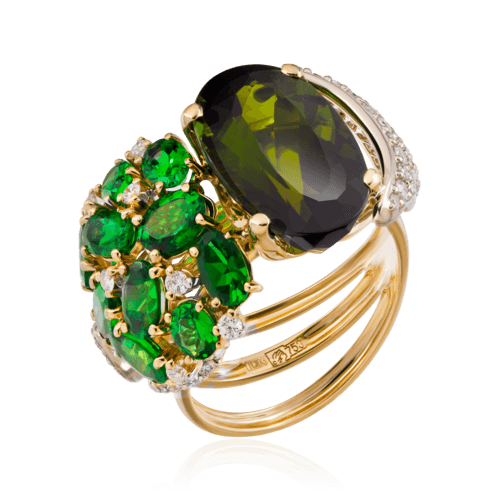 Кольцо с турмалином, бриллиантами, тсаворитом из комбинированного золота 750 пробы, фото № 1