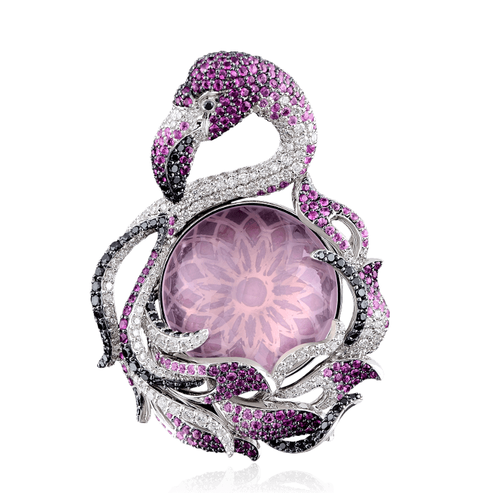Кольцо Розовый Фламинго с кварцем, рубинами и бриллиантами в белом золоте 585 пробы, фото № 2