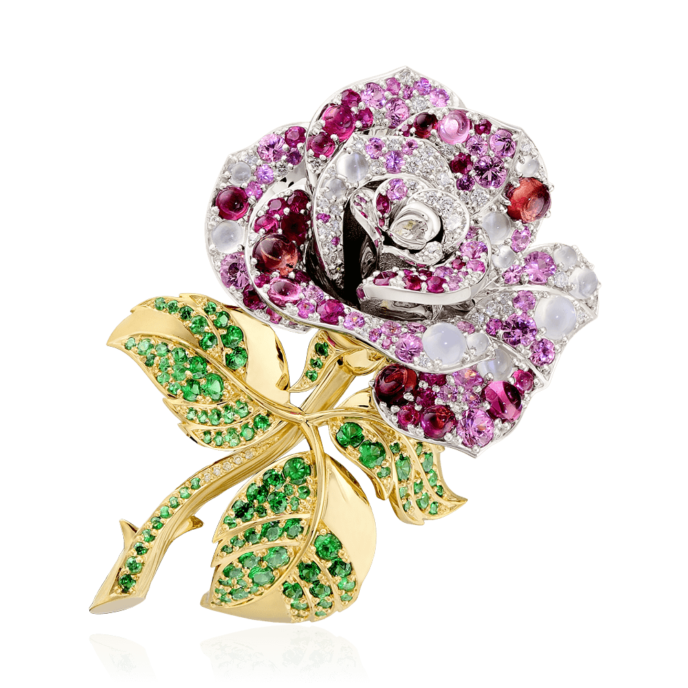 Брошь Роза с бриллиантами, хризолитом, турмалином, цветными сапфирами из желтого золота 750 пробы, фото № 1
