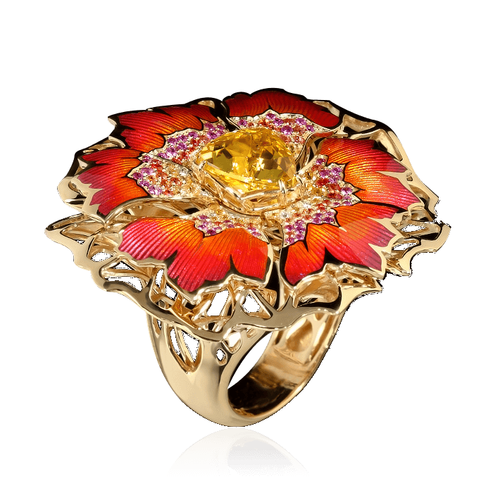 Кольцо Василек из коллекции Botanic с бериллом, цветными сапфирами, бриллиантами и эмалью в желтом золоте 750 пробы, фото № 1