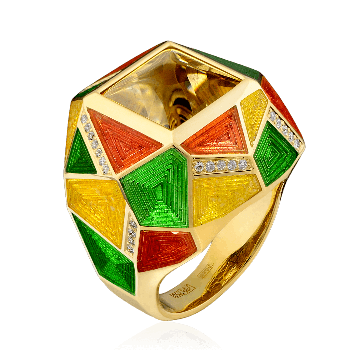Кольцо с цитрином, эмалью, бриллиантами из желтого золота 750 пробы (арт. 36142)
