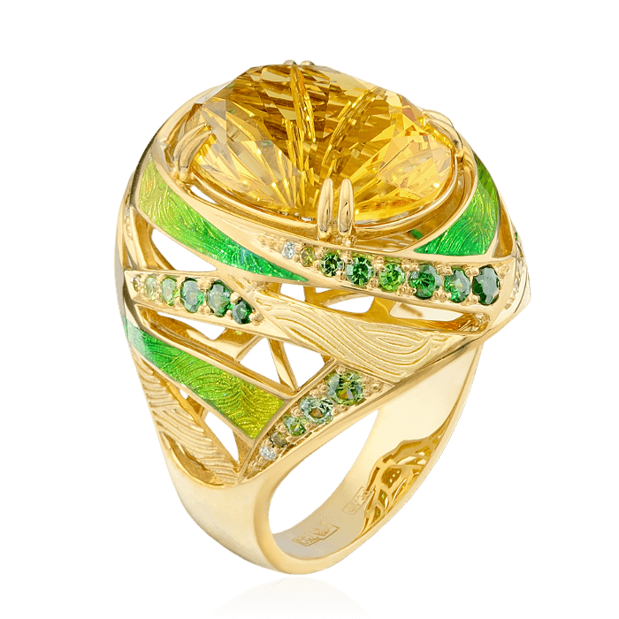 Кольцо с цитрином, эмалью, бриллиантами, демантоидом, тсаворитом из желтого золота 750 пробы, фото № 1