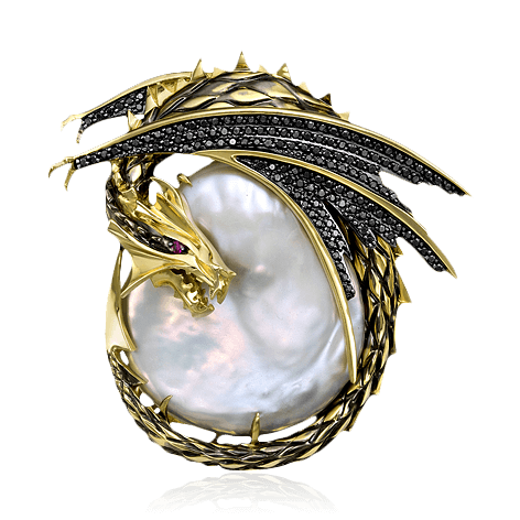 Кулон Дракон с морским жемчугом, рубином, бриллиантами из желтого золота 585 пробы (арт. 100192)