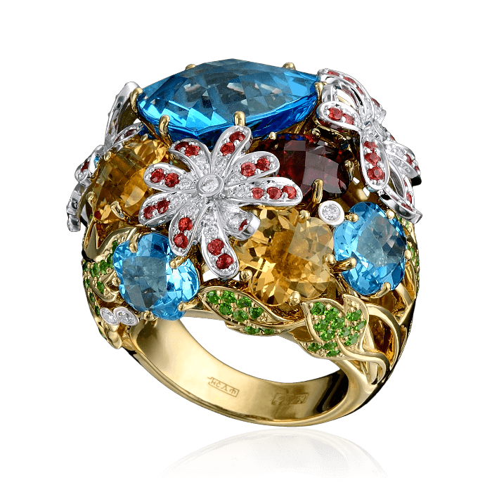 Кольцо с цветными камнями и бриллиантами в желтом золоте 750 пробы, фото № 2