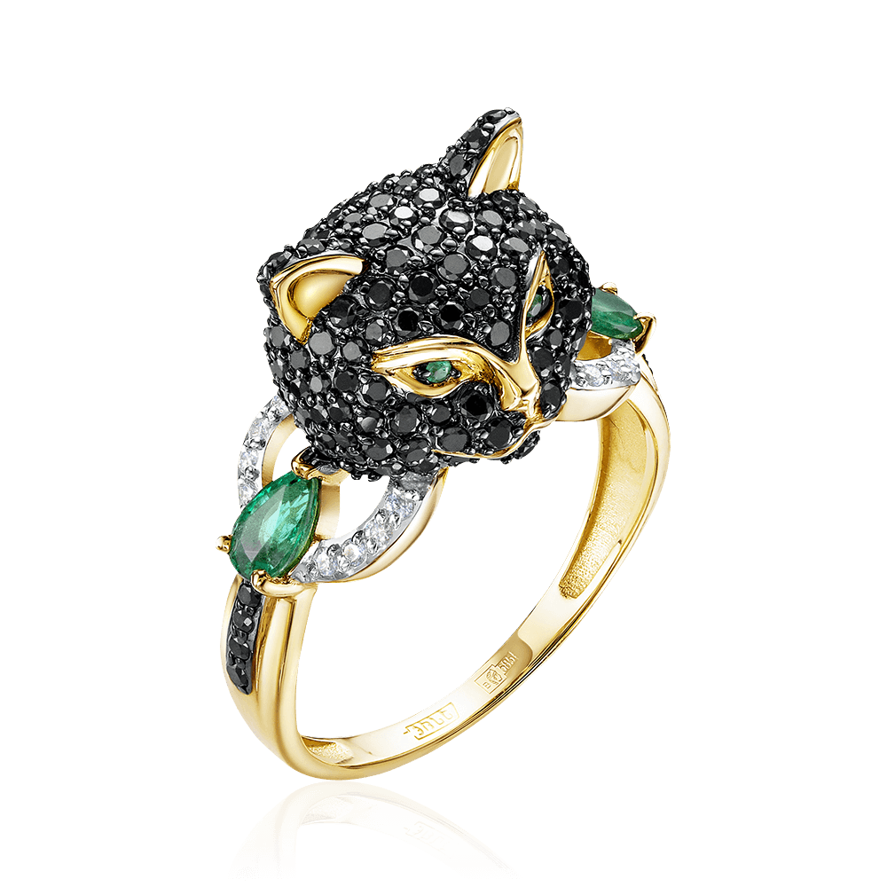 Кольцо Кошка с изумрудом, бриллиантами из желтого золота 585 пробы (арт. 104975)