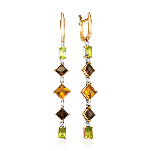 Серьги с бриллиантами, раухтопазом, хризолитом, цитрином из красного золота 585 пробы, фото № 1