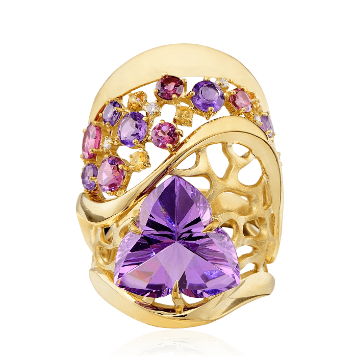 Кольцо с аметистом, бриллиантами, турмалином, сапфиром фантазийным из желтого золота 585 пробы, фото № 3