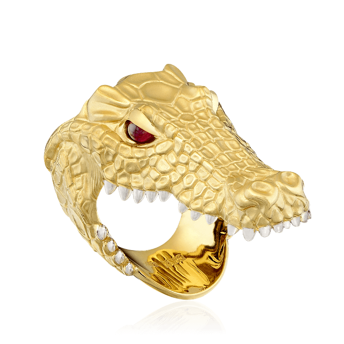 Мужское кольцо Крокодил с рубинами в желтом золоте 750 пробы (арт. 32672)