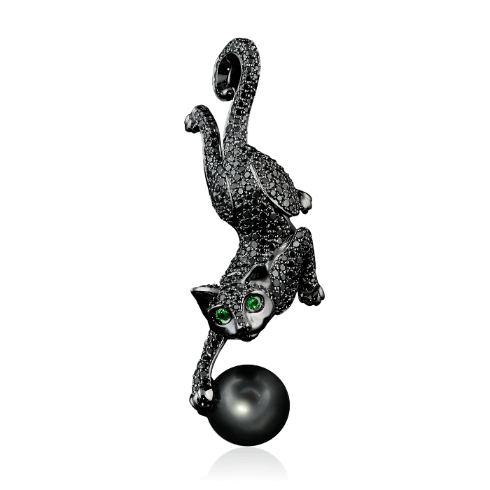Кулон Кошка с черным морским жемчугом, тсаворитами, черными бриллиантами в черненом золоте 750 пробы, фото № 1