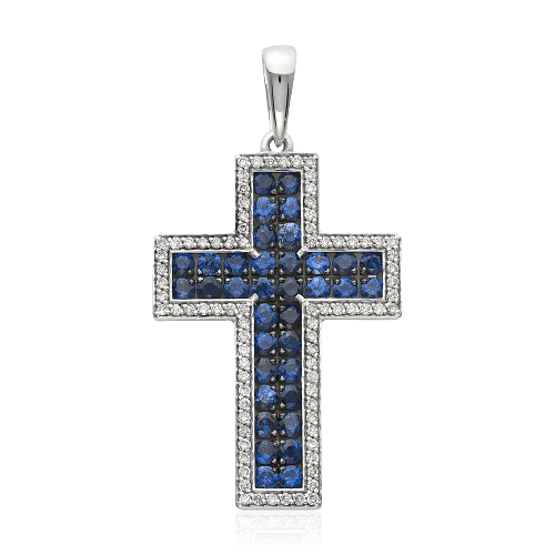 Крест с сапфиром, бриллиантами из белого золота 585 пробы (арт. 56403)