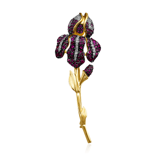 Брошь Орхидея с рубинами, розовыми сапфирами, бриллиантами из желтого золота 585 пробы (арт. 68568)