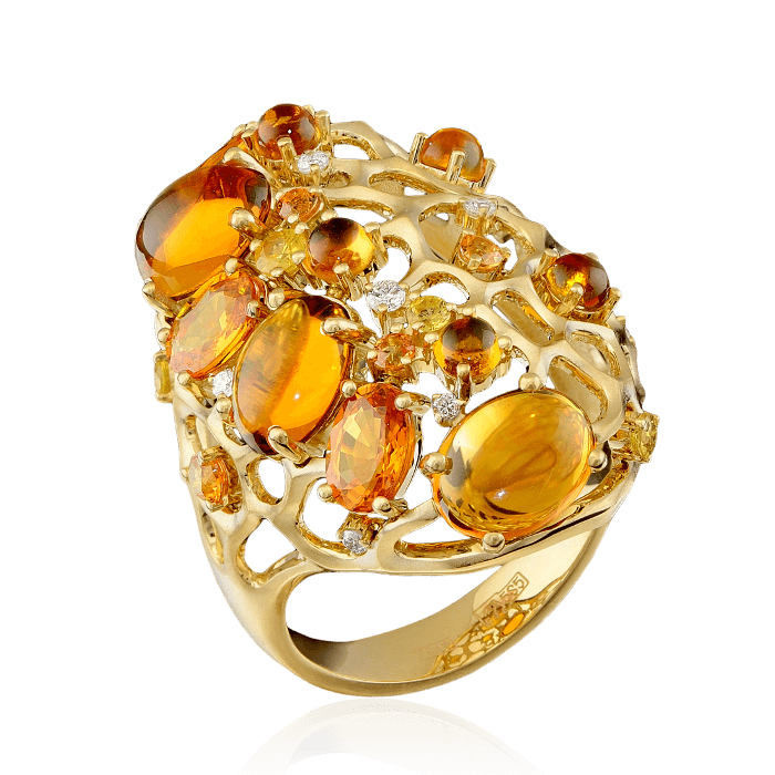 Кольцо с цитринами, желтыми и оранжевыми сапфирами, бриллиантами в желтом золоте 585 пробы, фото № 1