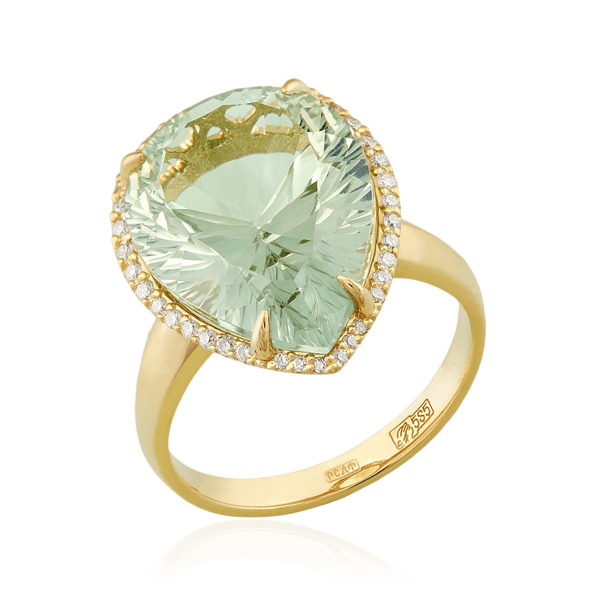 Кольцо с празиолитом, бриллиантами из желтого золота 585 пробы, фото № 1