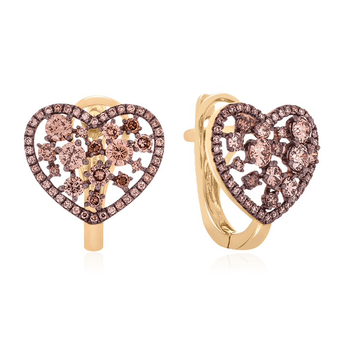 Серьги в виде сердец с коньячными бриллиантами из красного золота 585 пробы (арт. 66766)