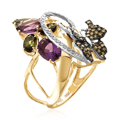 Кольцо с аметистом, бриллиантами, турмалином из желтого золота 585 пробы, фото № 1