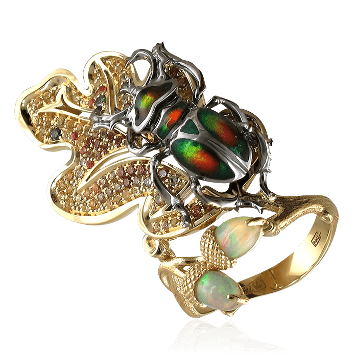 Кольцо с гранатом, бриллиантами, эмалью, опалом, сапфиром фантазийным из комбинированного золота 750 пробы, фото № 1