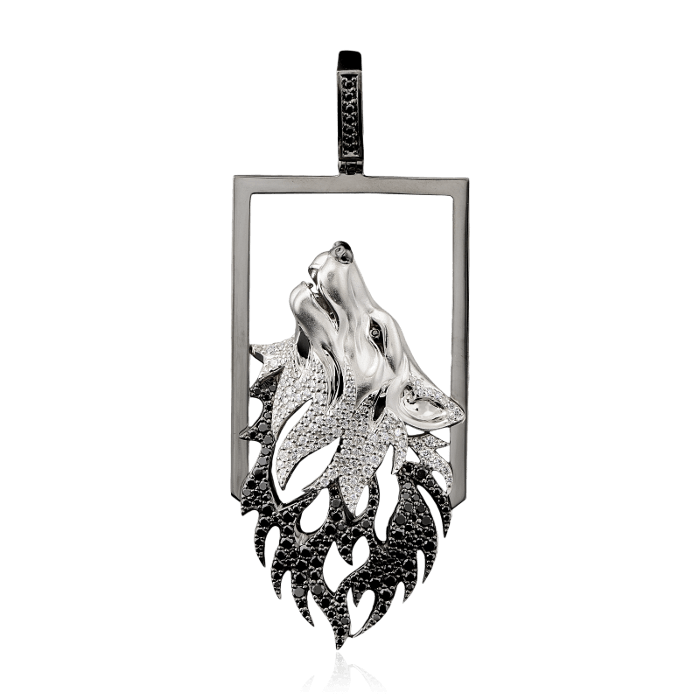 Кулон волк с белыми и черными бриллиантами из белого золота 750 пробы, фото № 1
