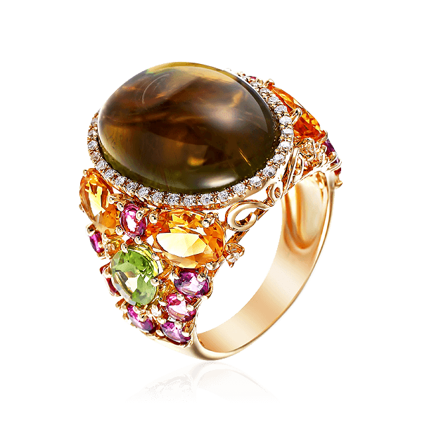 Кольцо с турмалином, цитрином, бриллиантами, родолитом, перидотом из желтого золота 585 пробы, фото № 1