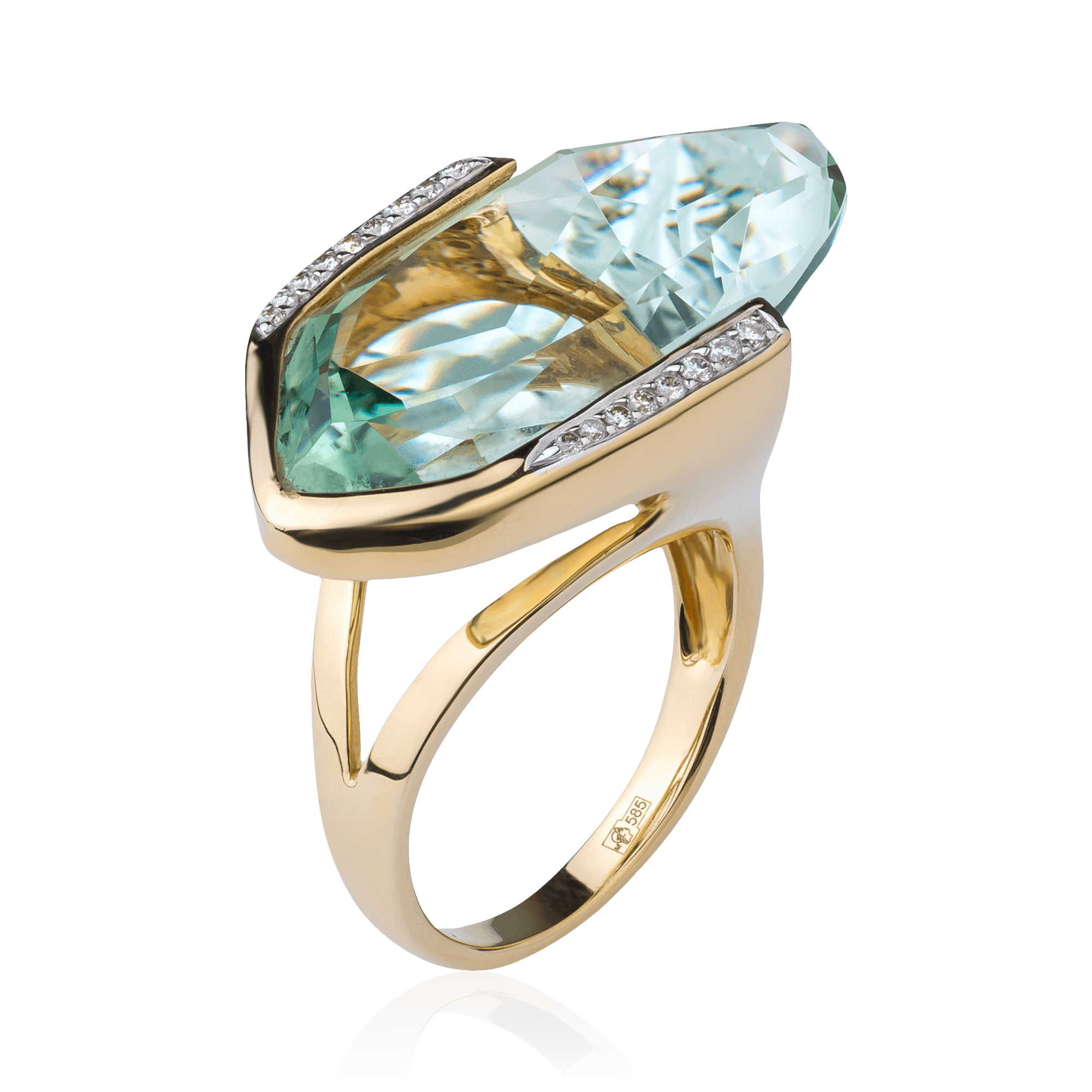 Кольцо с празиолитом, бриллиантами из желтого золота 585 пробы, фото № 1
