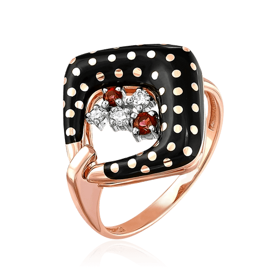 Коктейльное кольцо в форме ромба из красного золота 585 пробы с чёрной горячей эмалью с «гороховым» принтом, алыми топазами Swarovski и бриллиантами, фото № 1