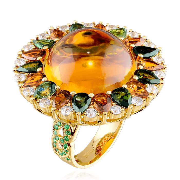 Кольцо с цитрином, оранжевыми и зелеными турмалинами, белыми сапфирами, тсаворитами в желтом золоте 585 пробы (арт. 40303)