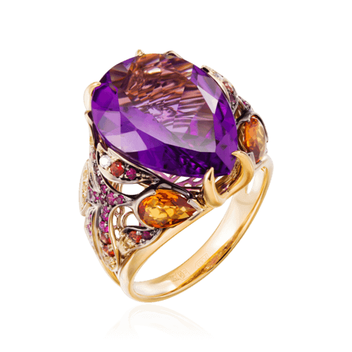 Кольцо с аметистом, сапфирами цветными, рубинами, бриллиантами из комбинированного золота 585 пробы, фото № 1