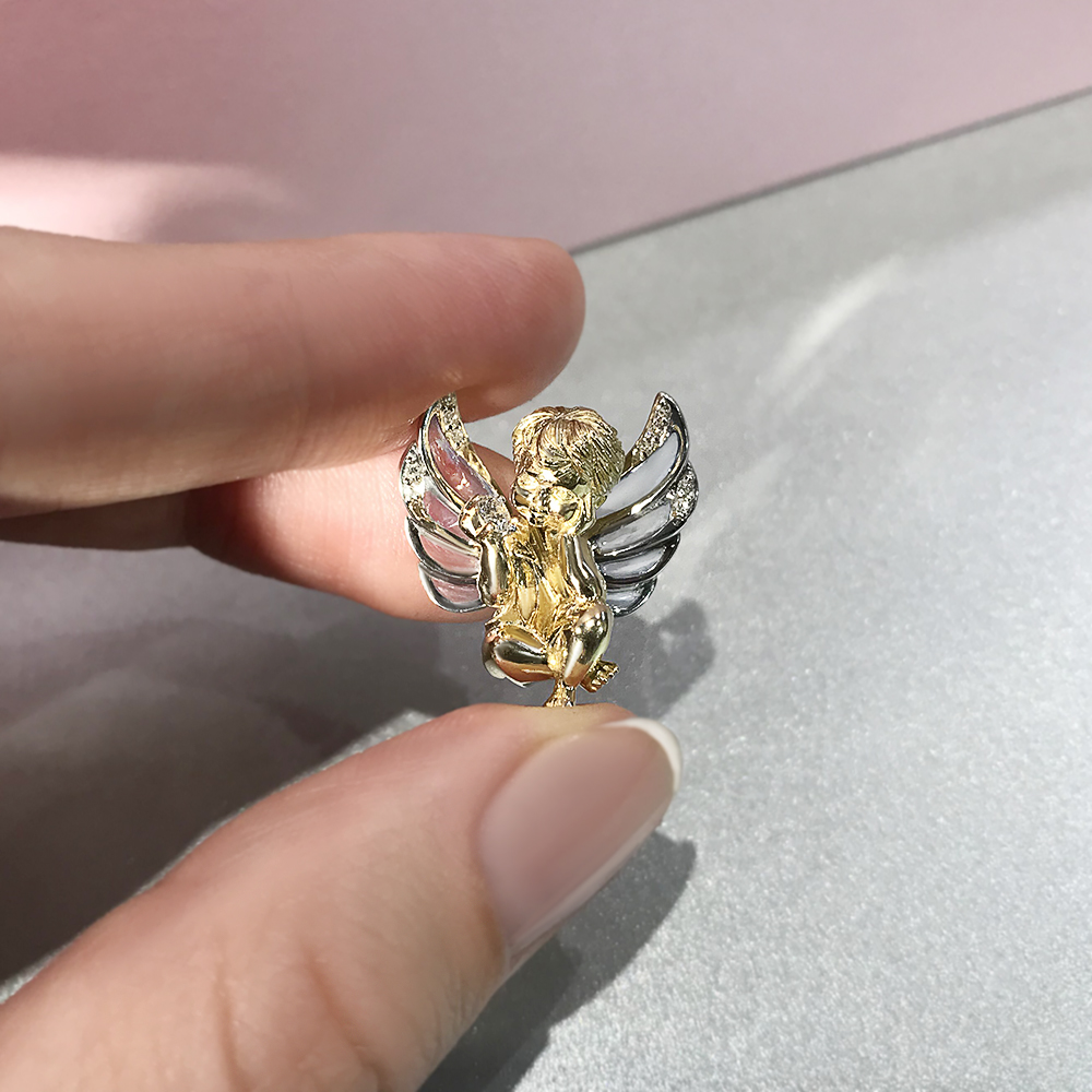 Кулон Ангел с бриллиантами, эмалью из комбинированного золота 585 пробы, фото № 3
