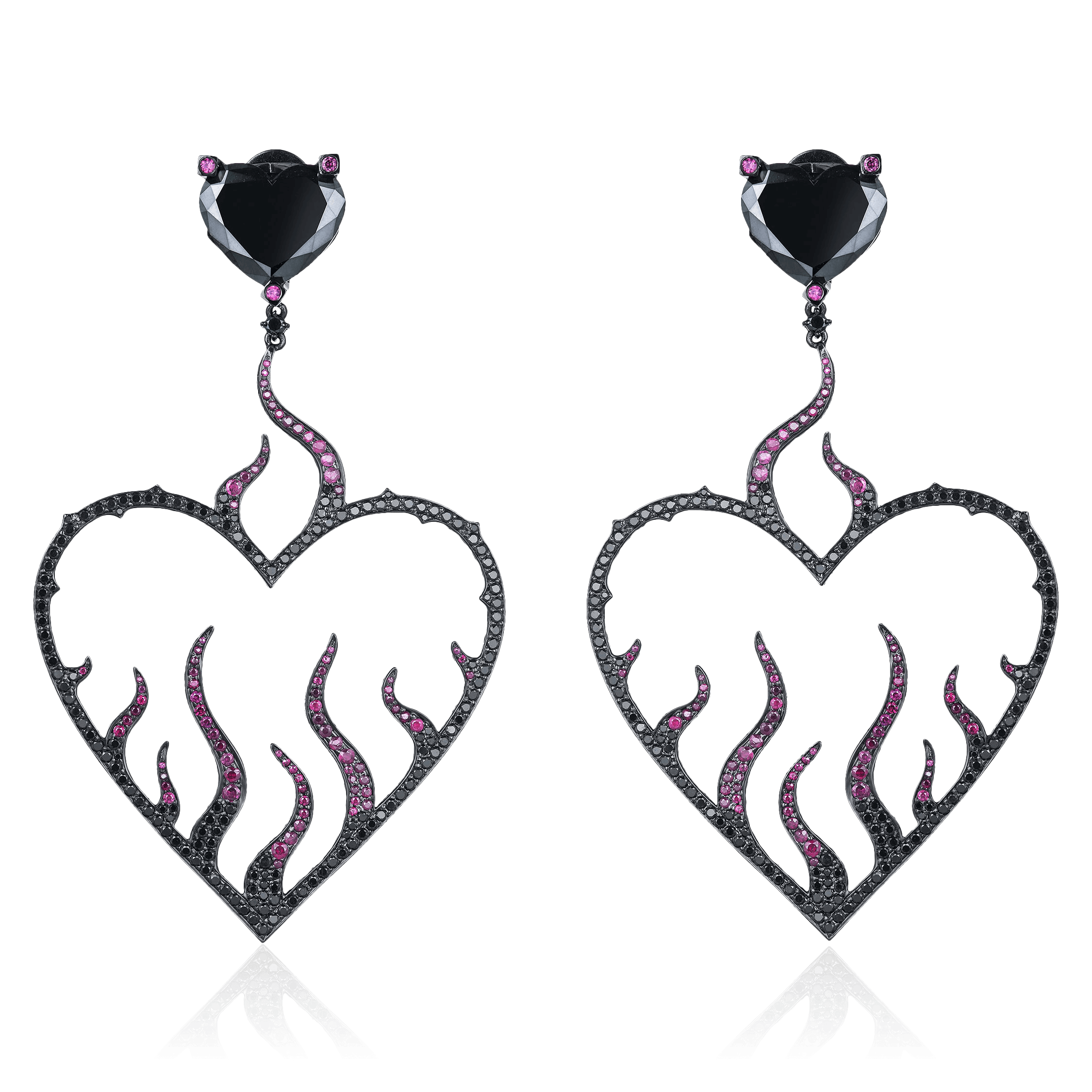 Серьги Сердца с рубином, бриллиантами из черного золота 750 пробы, фото № 1
