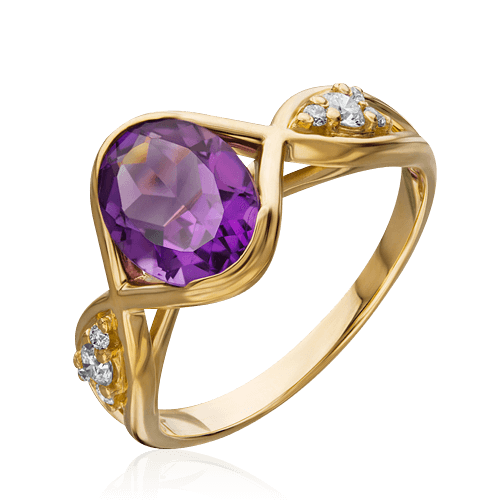 Кольцо с аметистом, бриллиантами из желтого золота 750 пробы, фото № 1