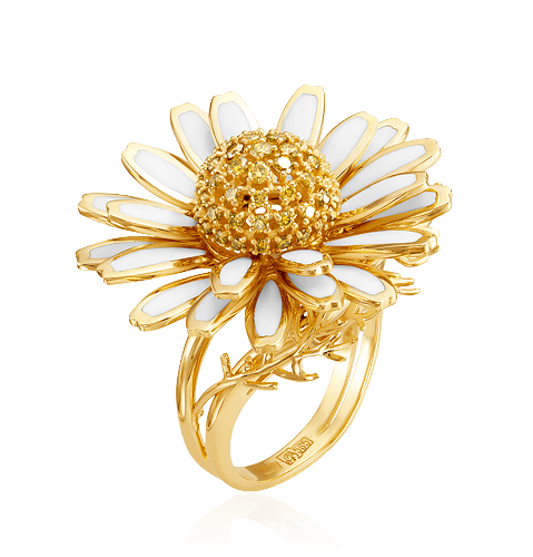 Кольцо Ромашка с бриллиантами, эмалью из желтого золота 585 пробы, фото № 1
