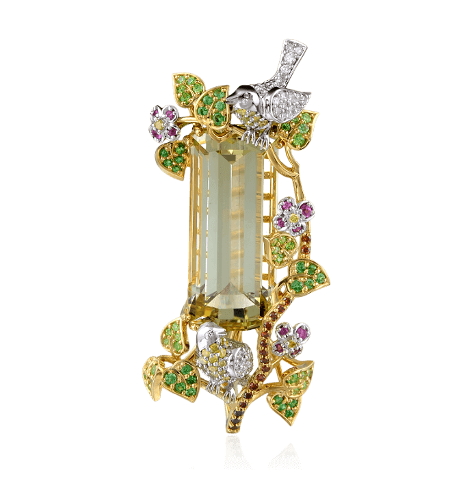 Подвеска с бериллом, цветными камнями и бриллиантами в комбинированном золоте 750 пробы (арт. 27863)