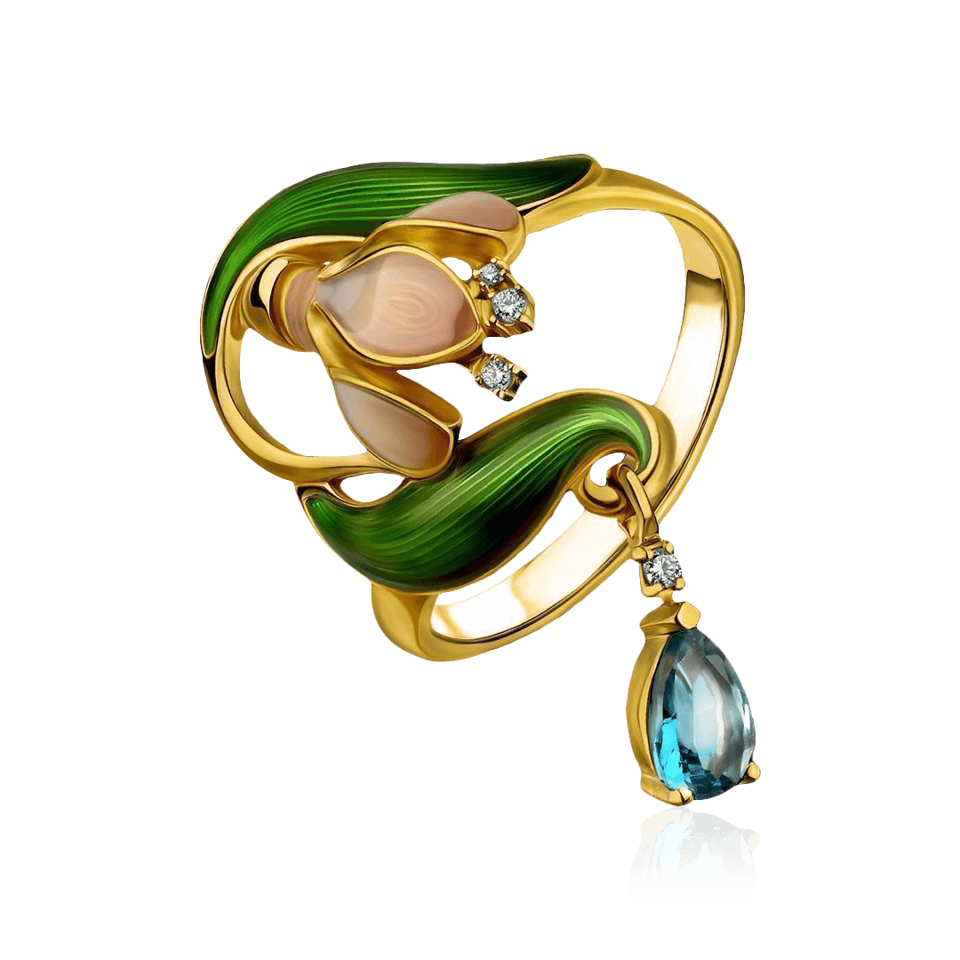 Кольцо Ландыш с топазом, бриллиантами из желтого золота 585 пробы, фото № 1