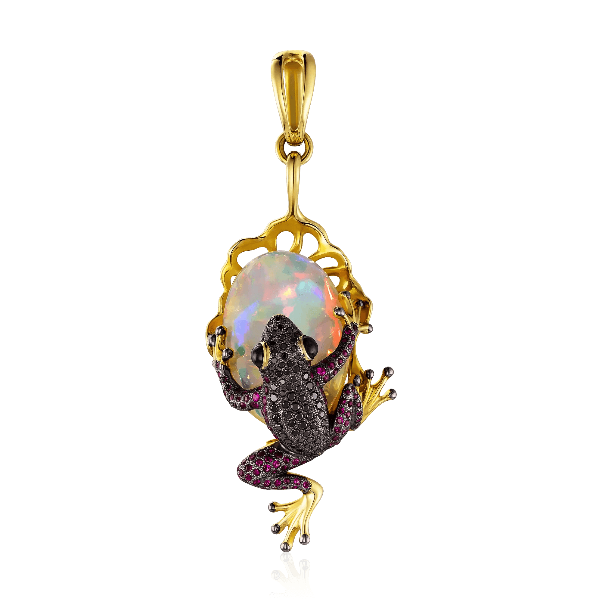 Кулон Лягушка с рубином, сапфиром, опалом, бриллиантами из желтого золота 750 пробы, фото № 1