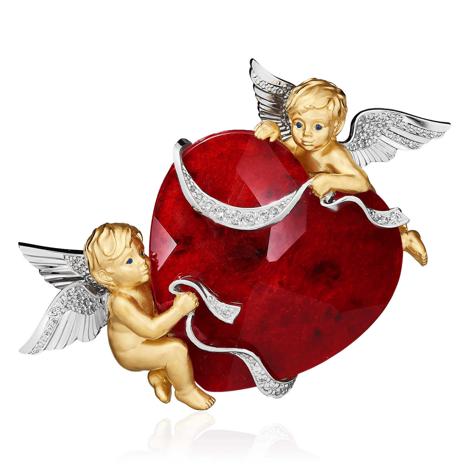 Кулон Ангелы с рубиновым кварцем, сапфирами, бриллиантами из желтого золота 750 пробы, фото № 1