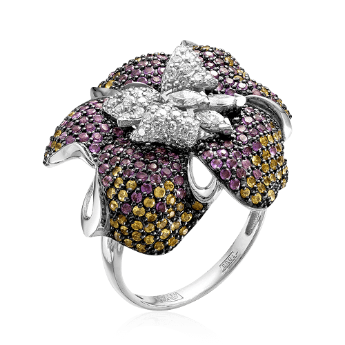 Кольцо с цветными сапфирами, аметистом, бриллиантами из белого золота 585 пробы, фото № 1