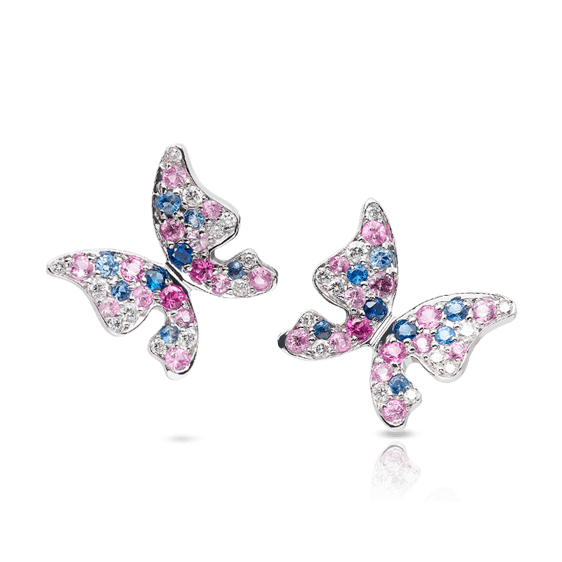 Серьги Бабочки с синими и розовыми сапфирами, бриллиантами из белого золота 585 пробы (арт. 44995)